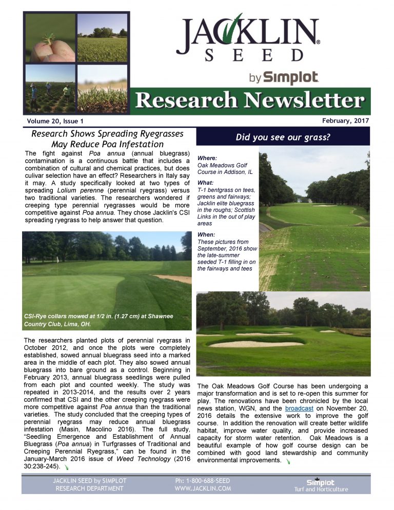 Reference -- Jacklin Newsletter -- 2017 -- Vol. 20 -- Issue 1 -- Spreading Ryegrass -- Summer Tall Fescue Interseeding-1